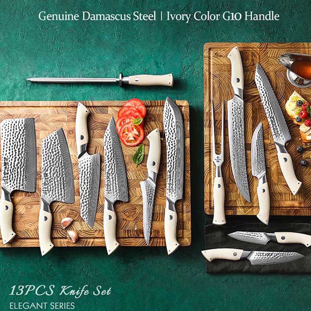 HEZHEN B38H 16 Pcs 67 Layer Damascus Chef knife Set White G10 Handles