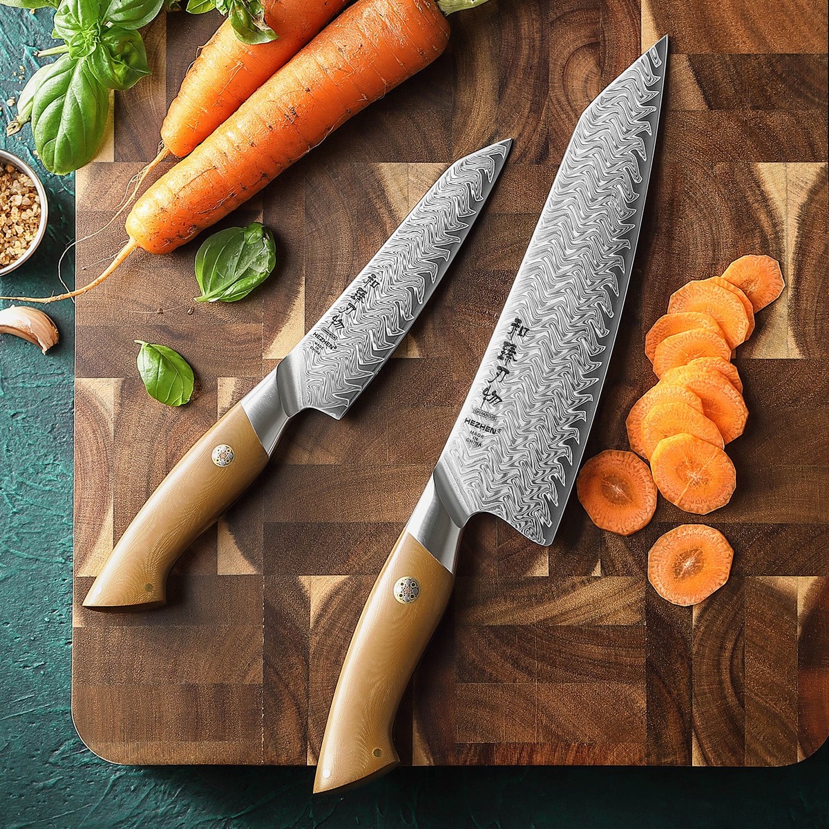 Hezhen B38L 2-Piece Damascus Knife Set Chef + Utility (Linen Micarta Handle)