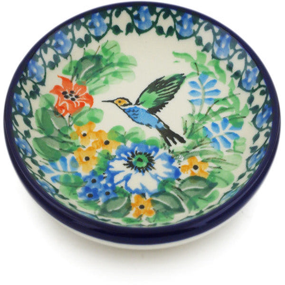 Polish Pottery Mini Plate, Coaster plate Hummingbird Meadow UNIKAT